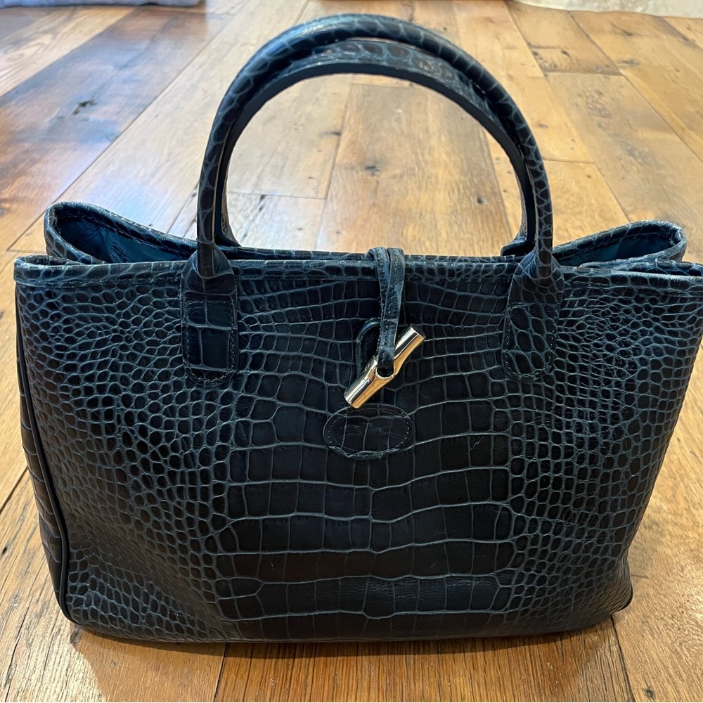 Roseau Longchamp bag green croc embossed leather